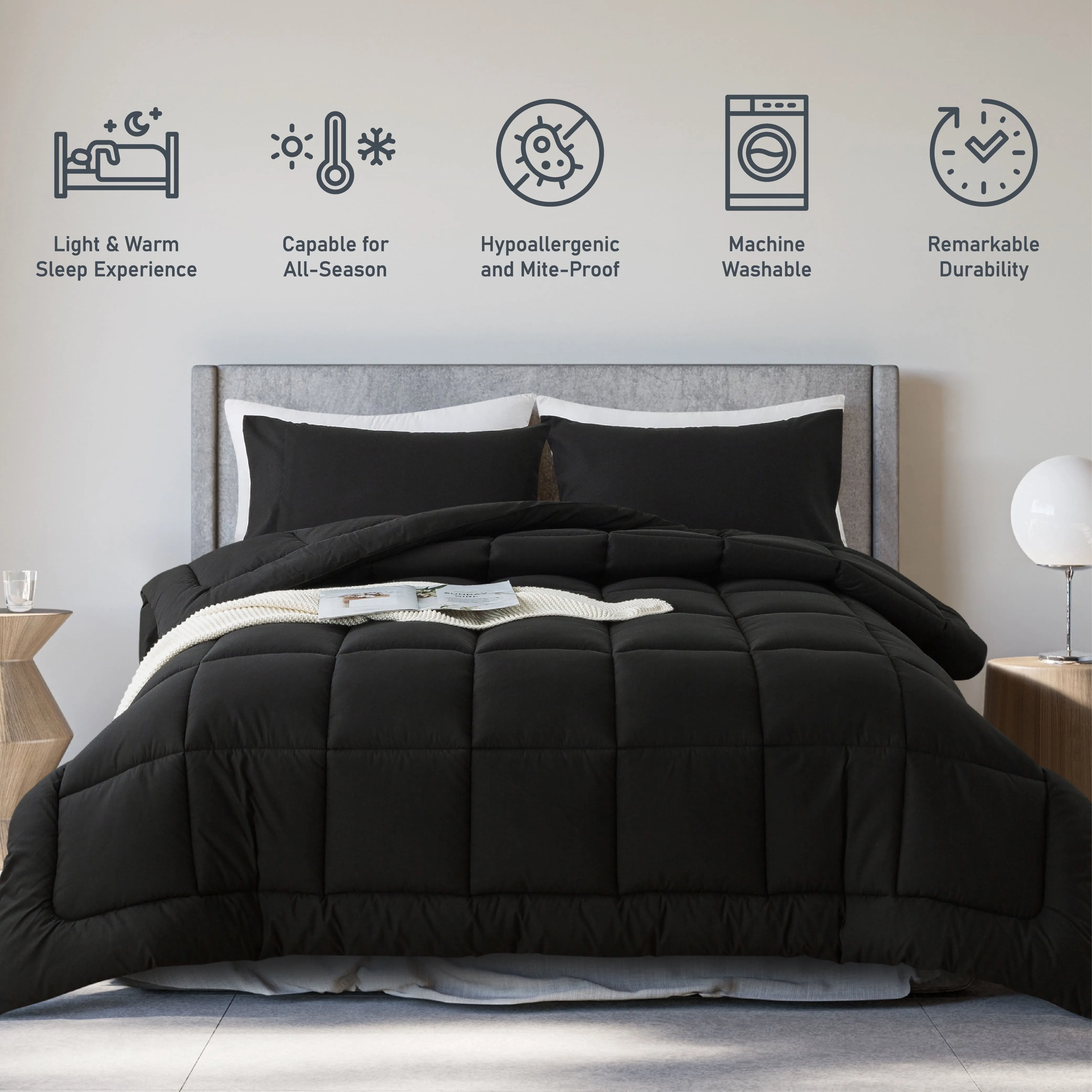 2-Piece Twin Size Down Alternative Comforter Set Black | Comforter   Pillow Case | Ultra Soft, Hypoallergenic Bed in a Bag, All-Season Bedding Set by KINMEROOM