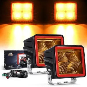 3 Inch 20W 1240LM Amber DRL Flood Cube LED Pods (Pair) | 16AWG DT Wire