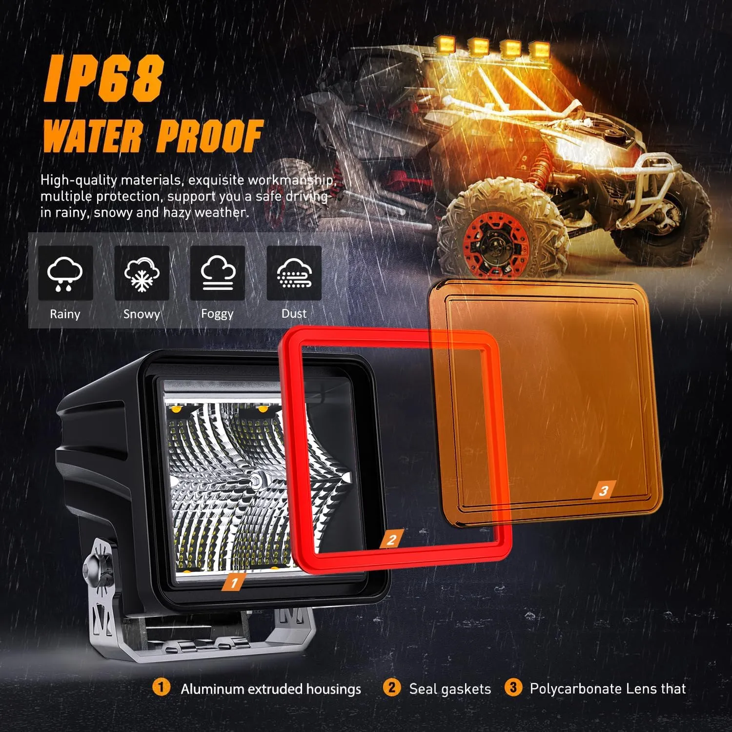 3 Inch 20W 1240LM Amber DRL Flood Cube LED Pods (Pair) | 16AWG DT Wire