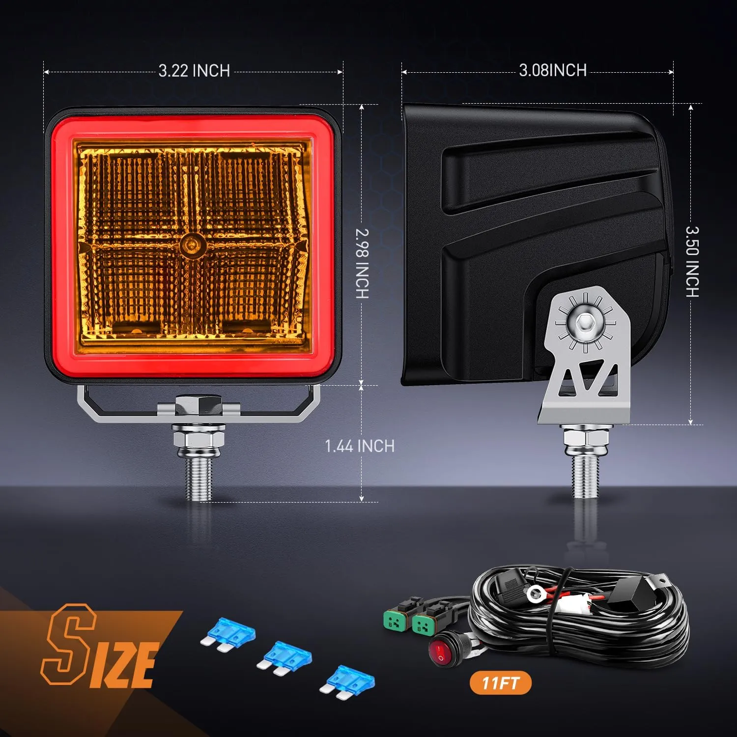 3 Inch 20W 1240LM Amber DRL Flood Cube LED Pods (Pair) | 16AWG DT Wire