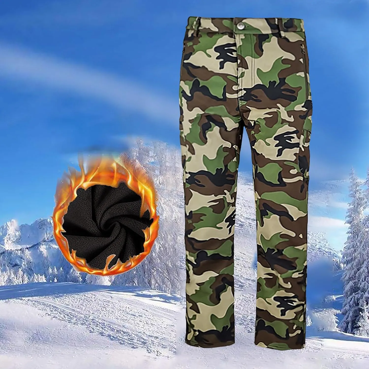 Fleece Men Camo Pants Straight Leg Tactical Pant Outdoor Cargo Pants Winter Windbreaker Pants Waterproof Hiking Pant