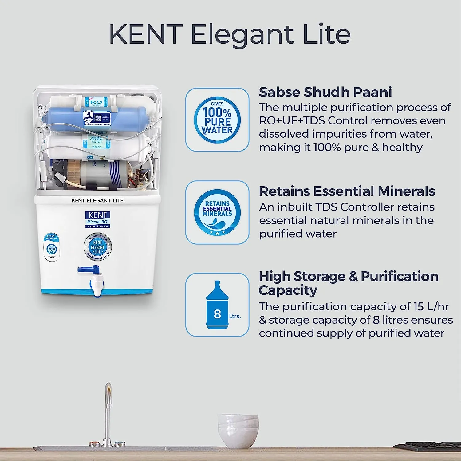 KENT Elegant Lite Compact RO UF Water Purifier | Patented Mineral RO Technology | RO   UF   TDS Control | 8L Storage | 4 Years Free Service - White