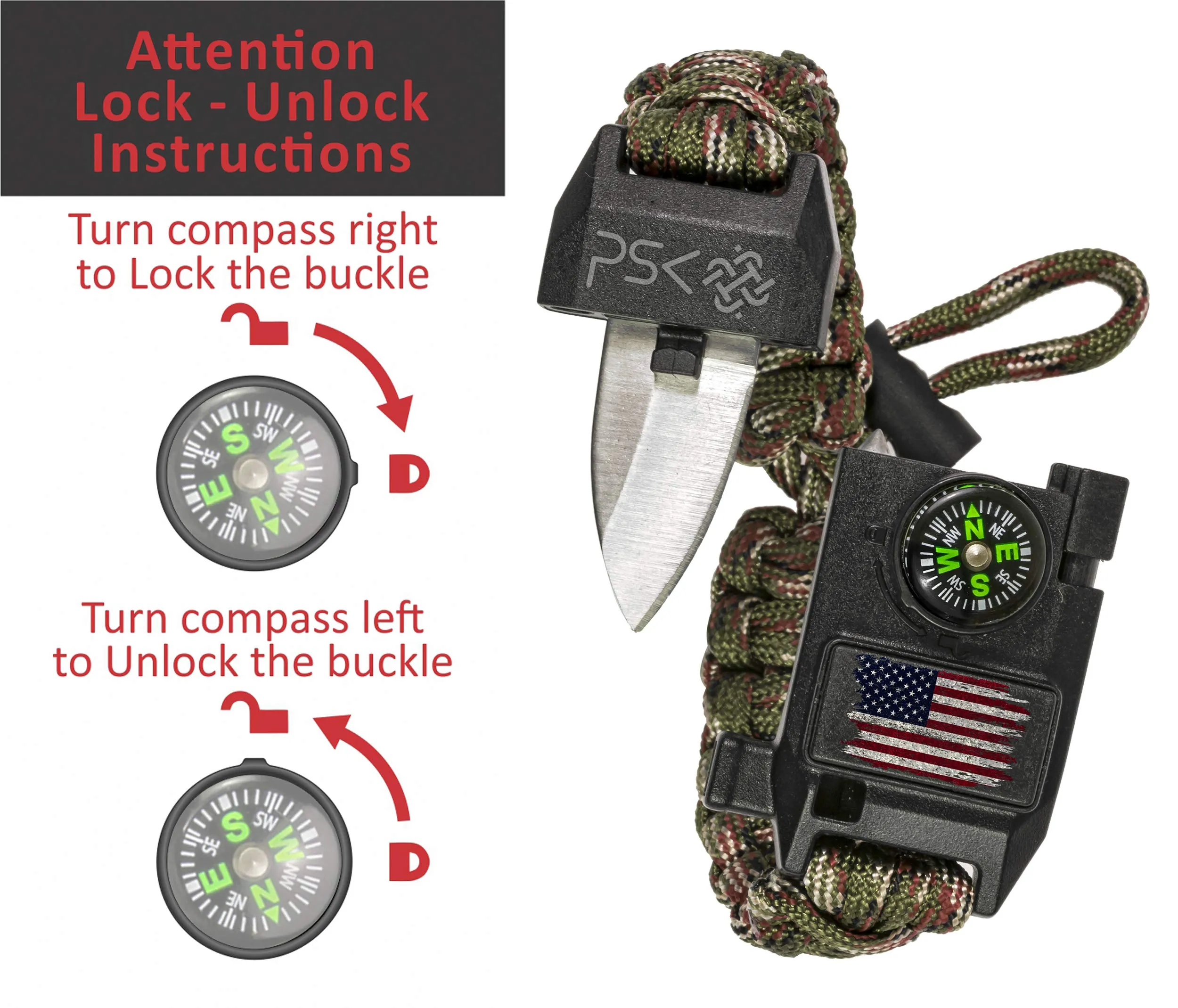 PSK Paracord Bracelet 8-in-1 Personal Survival Kit Urban & Outdoors Survival Knife, Fire Starter, Glass Breaker, Survival Whistle, Signal Mirror, Fishing Hook & String, Compass (Green Camo USA Flag)