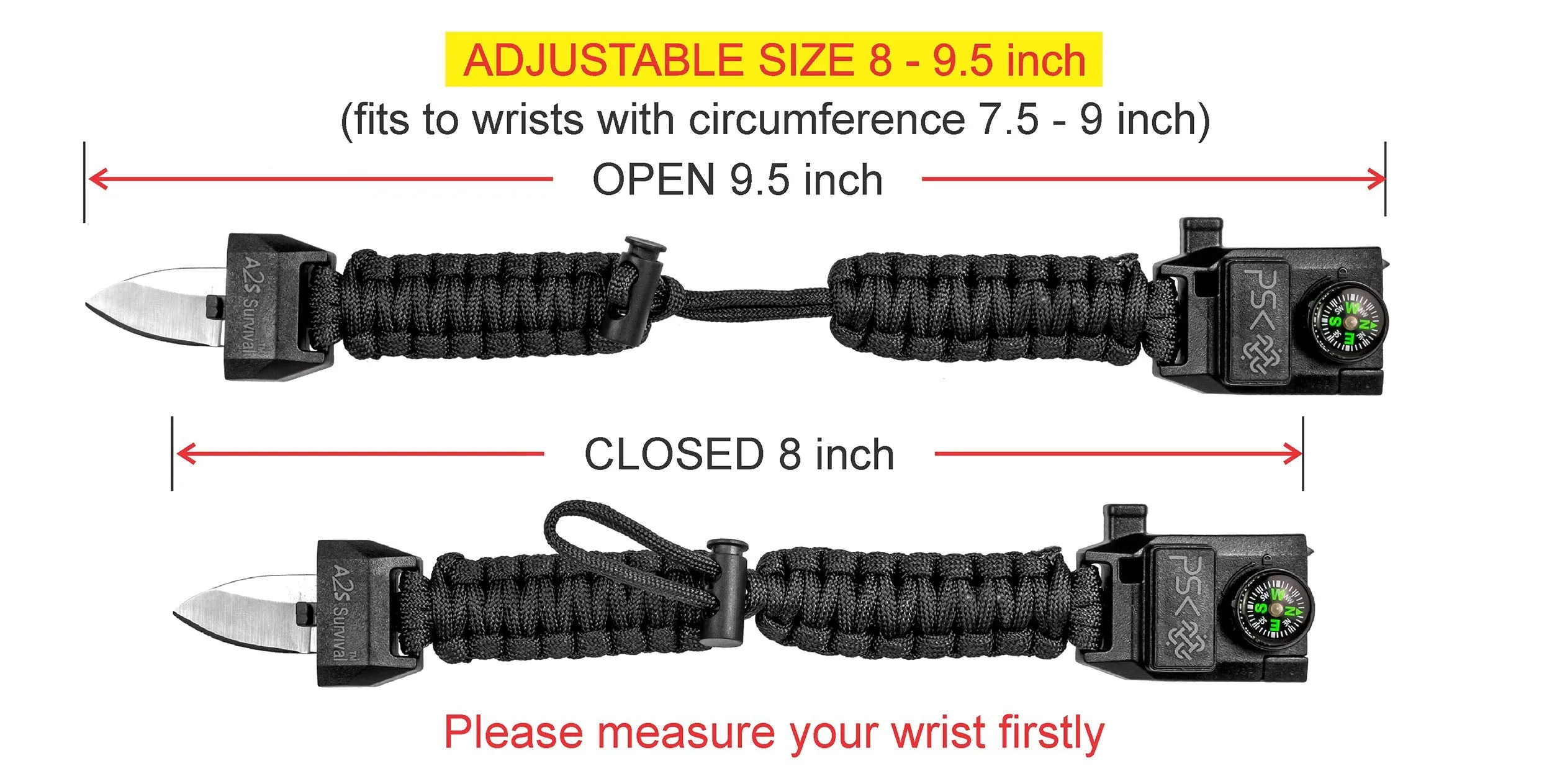 PSK Paracord Bracelet 8-in-1 Personal Survival Kit Urban & Outdoors Survival Knife, Fire Starter, Glass Breaker, Survival Whistle, Signal Mirror, Fishing Hook & String, Compass (Green Camo USA Flag)