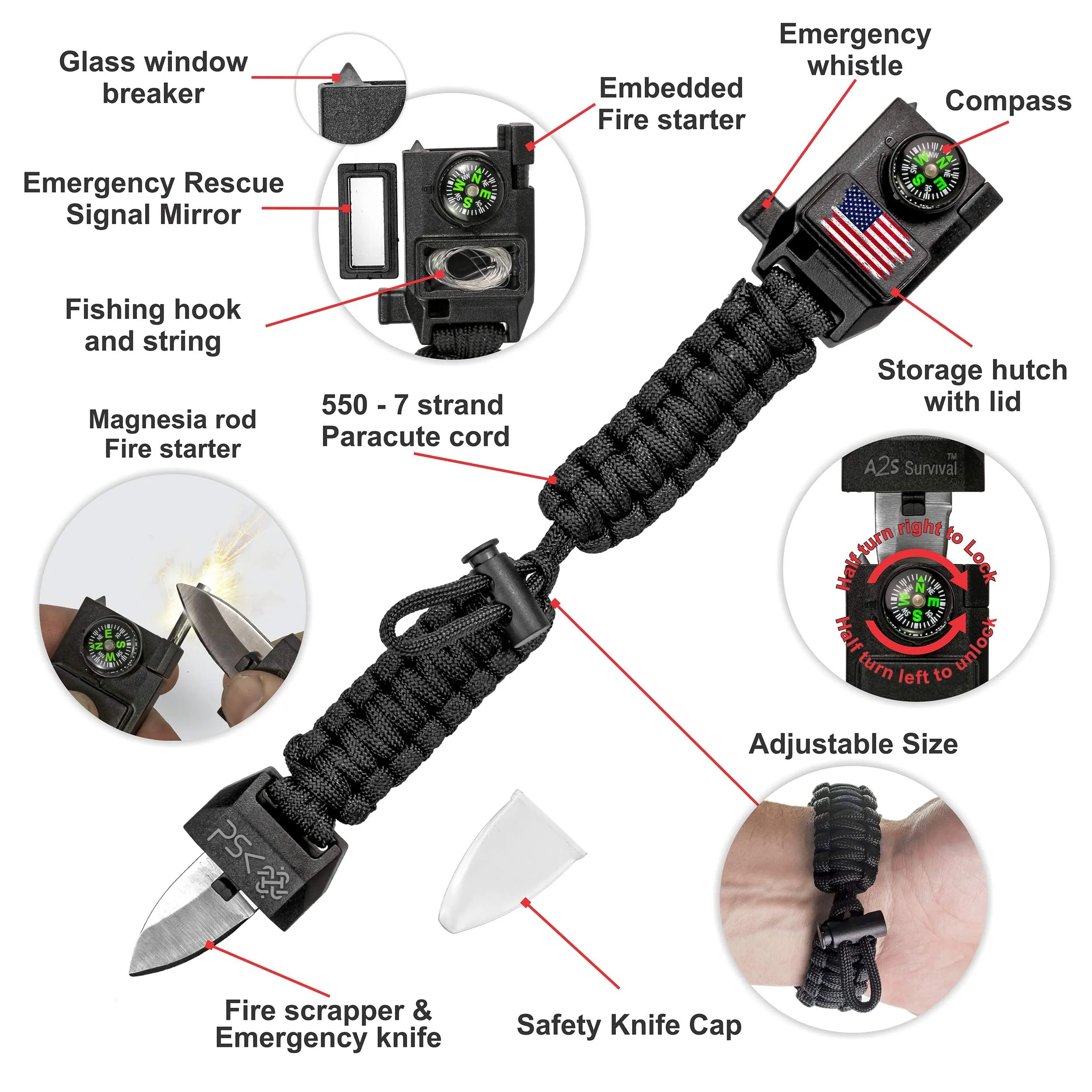 PSK Paracord Bracelet 8-in-1 Personal Survival Kit Urban & Outdoors Survival Knife, Fire Starter, Glass Breaker, Survival Whistle, Signal Mirror, Fishing Hook & String, Compass (Green Camo USA Flag)