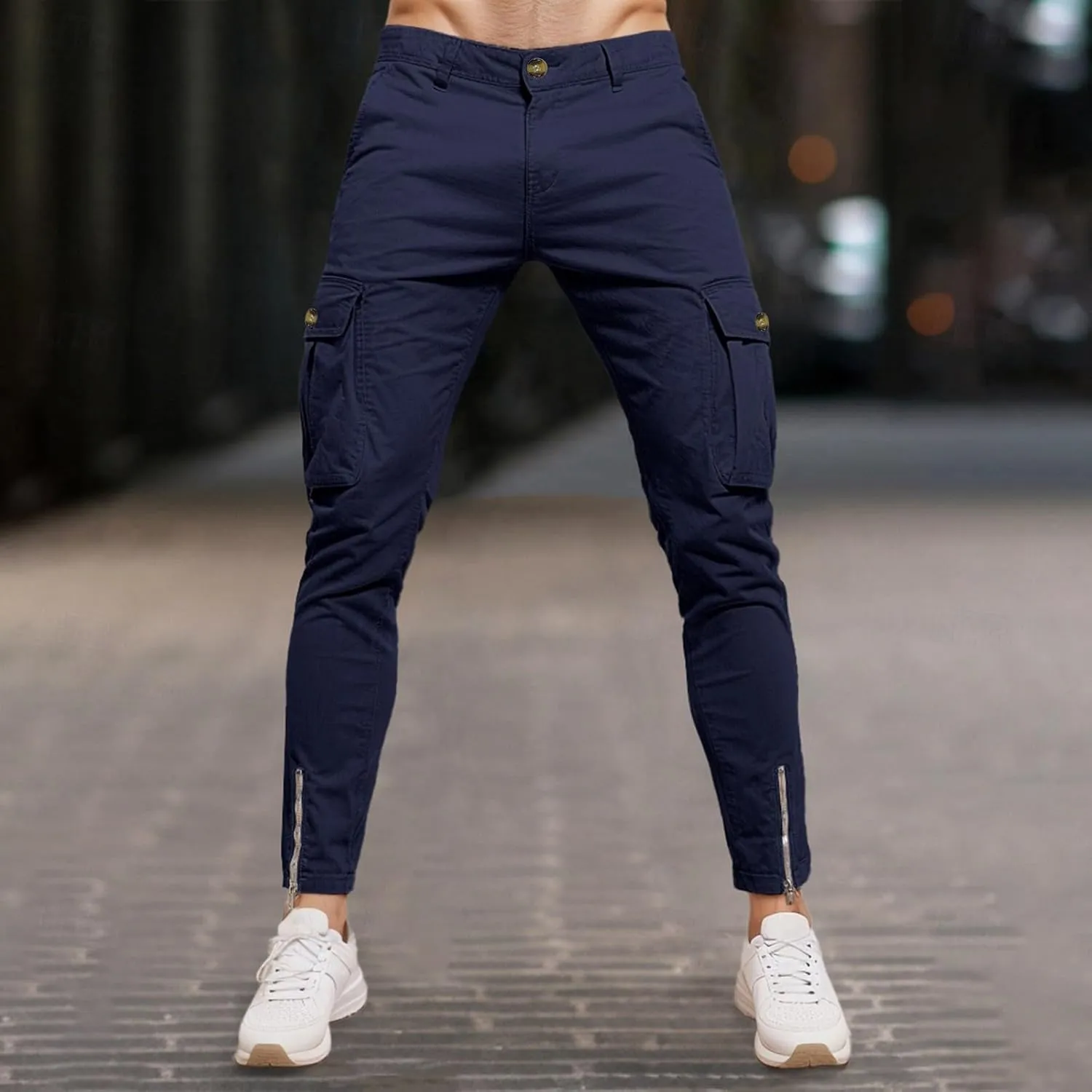 Slim Fit Cargo Pants for Men Cotton Athletic Sports Joggers Running Pants Trendy Zipper Bottom Workout Hiking Pants
