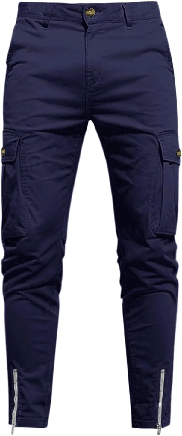 Slim Fit Cargo Pants for Men Cotton Athletic Sports Joggers Running Pants Trendy Zipper Bottom Workout Hiking Pants